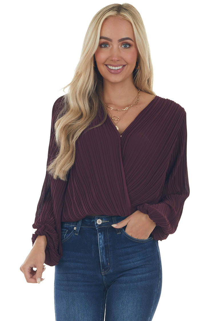 Plum Surplice Long Sleeve Pleated Blouse