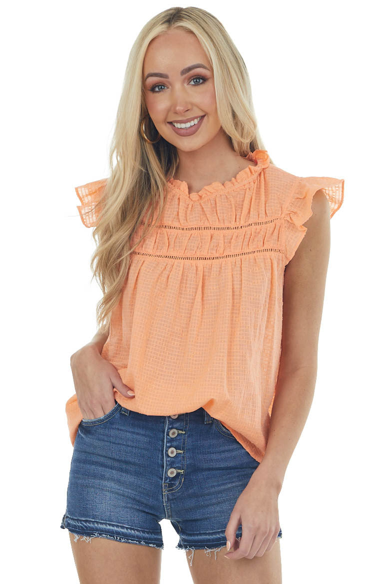 Bright Melon Cap Sleeve Blouse with Lace Yoke