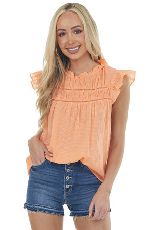 Bright Melon Cap Sleeve Blouse with Lace Yoke