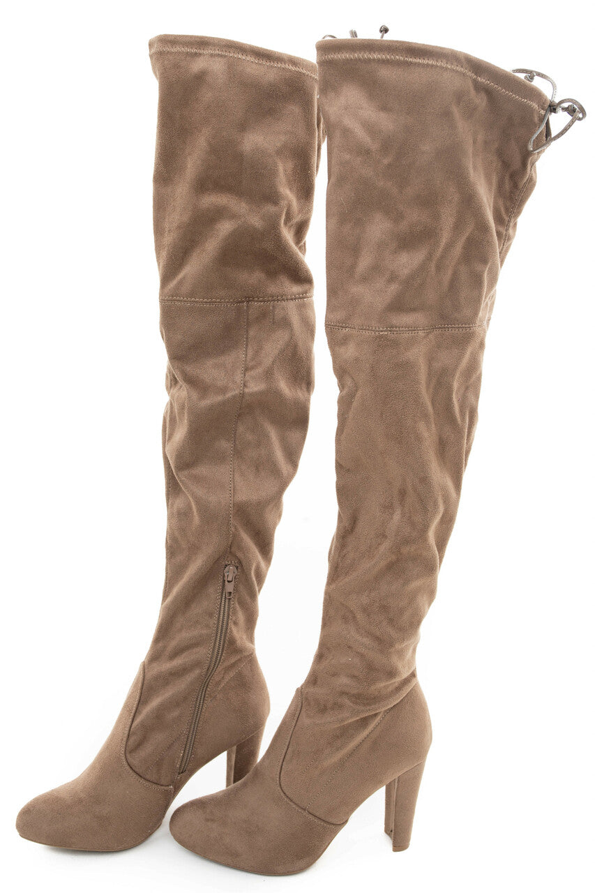 Taupe Faux Suede Above the Knee High Heel Boots with Tie