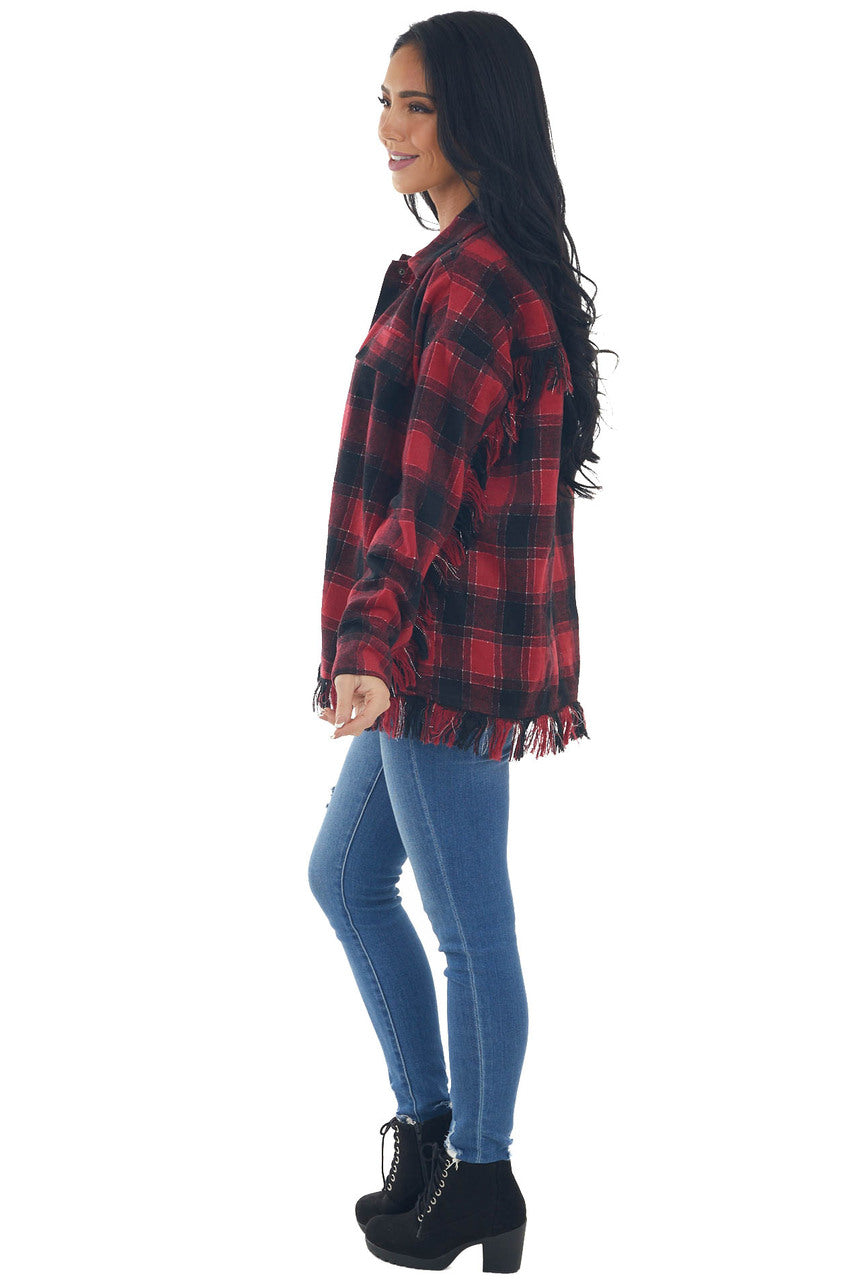 Crimson Plaid Shirt Jacket with Fringe Details