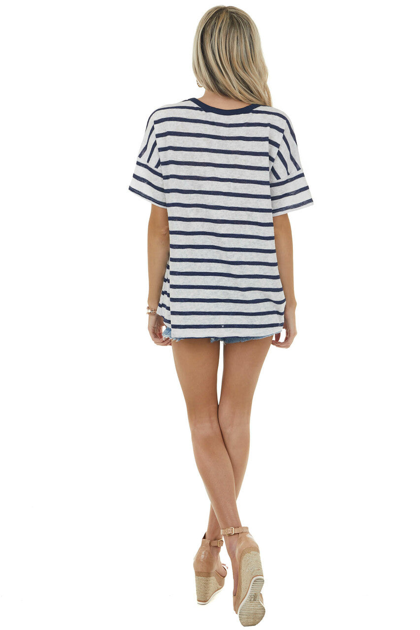 Navy and White Striped Top with Contrasting Red Star Detail