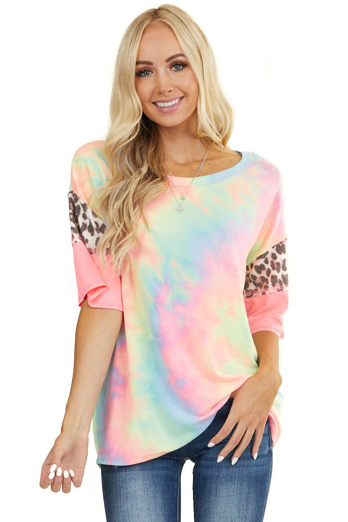 Neon Tie Dye Top with Leopard Print and Colorblock Sleeves 