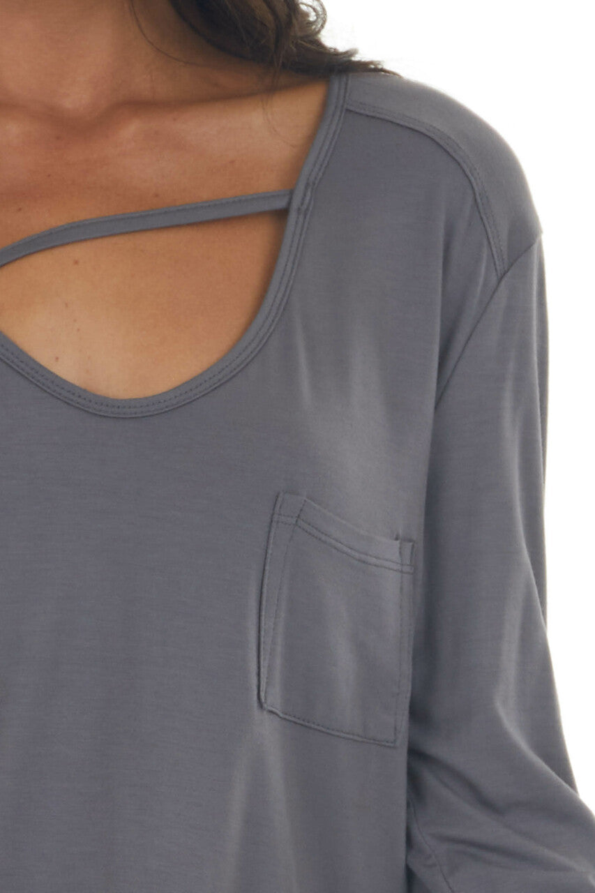 Charcoal Long Sleeve V Neck Cut Out Knit Top 
