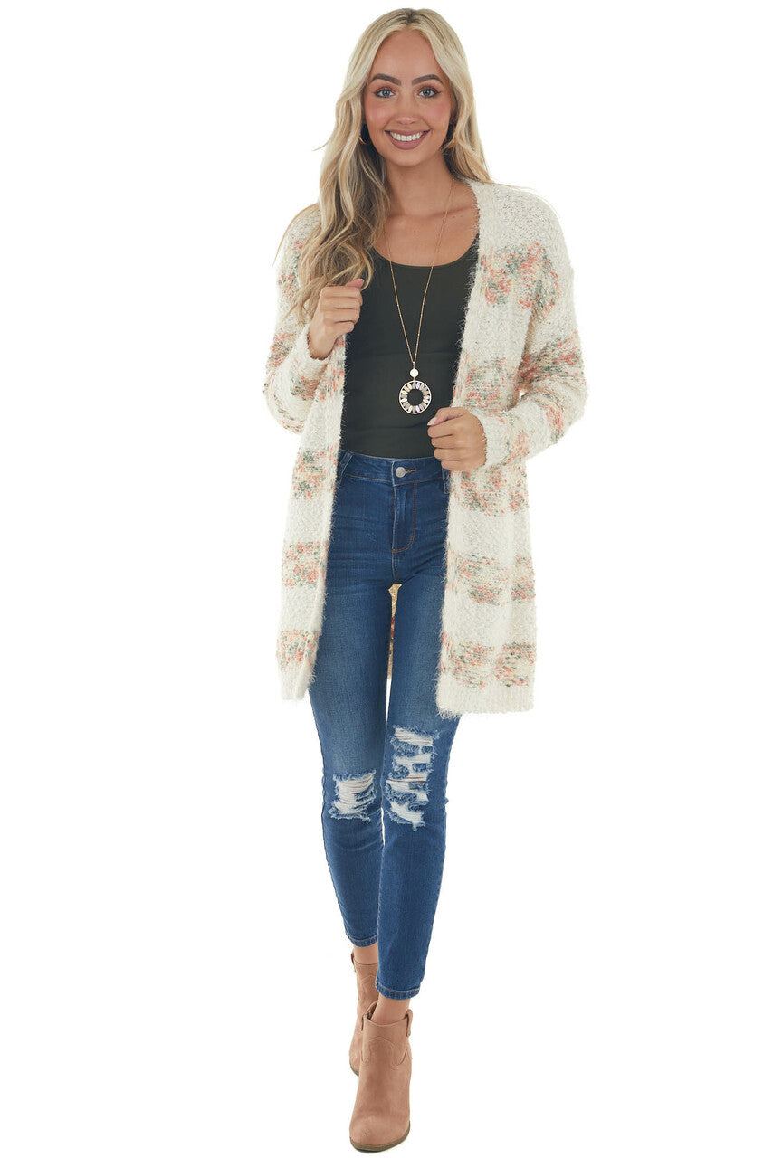 Cream Striped Open Front Popcorn Knit Cardigan 