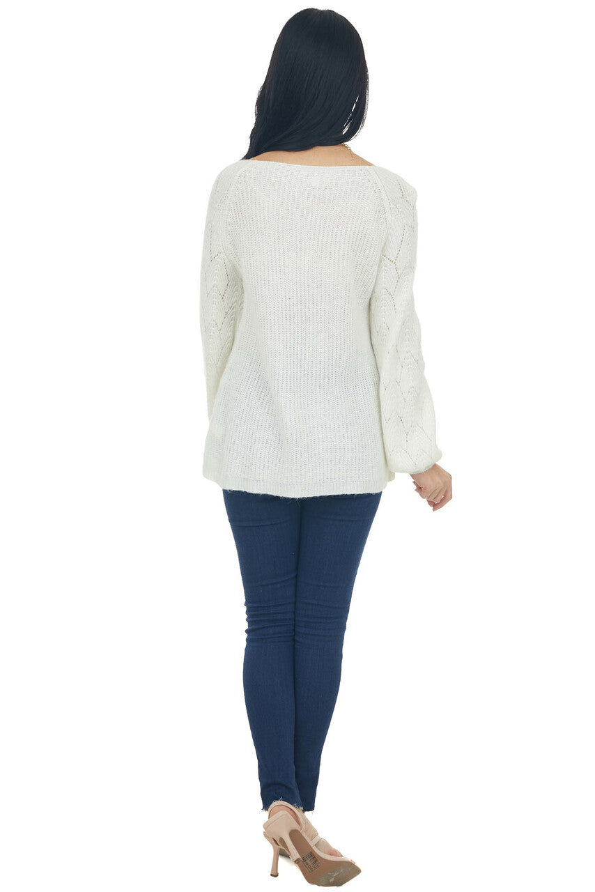 Ivory Bishop Sleeve Fuzzy Pointelle Sweater