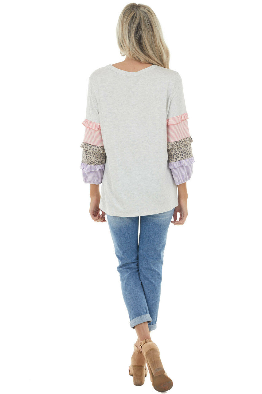Heathered Dove Grey Knit Top with Multi Pattern Sleeves 