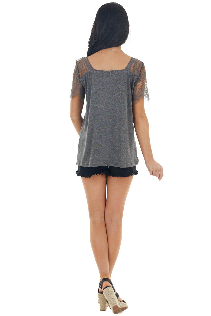 Graphite Short Sleeve V Neck Knit Top with Lace Details 