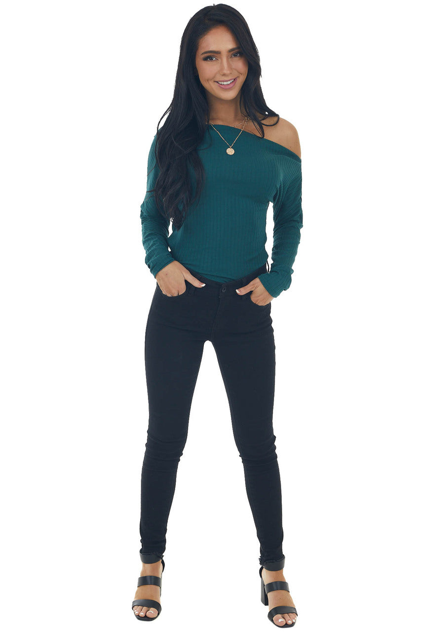 Pine Off Shoulder Long Sleeve Ribbed Bodysuit