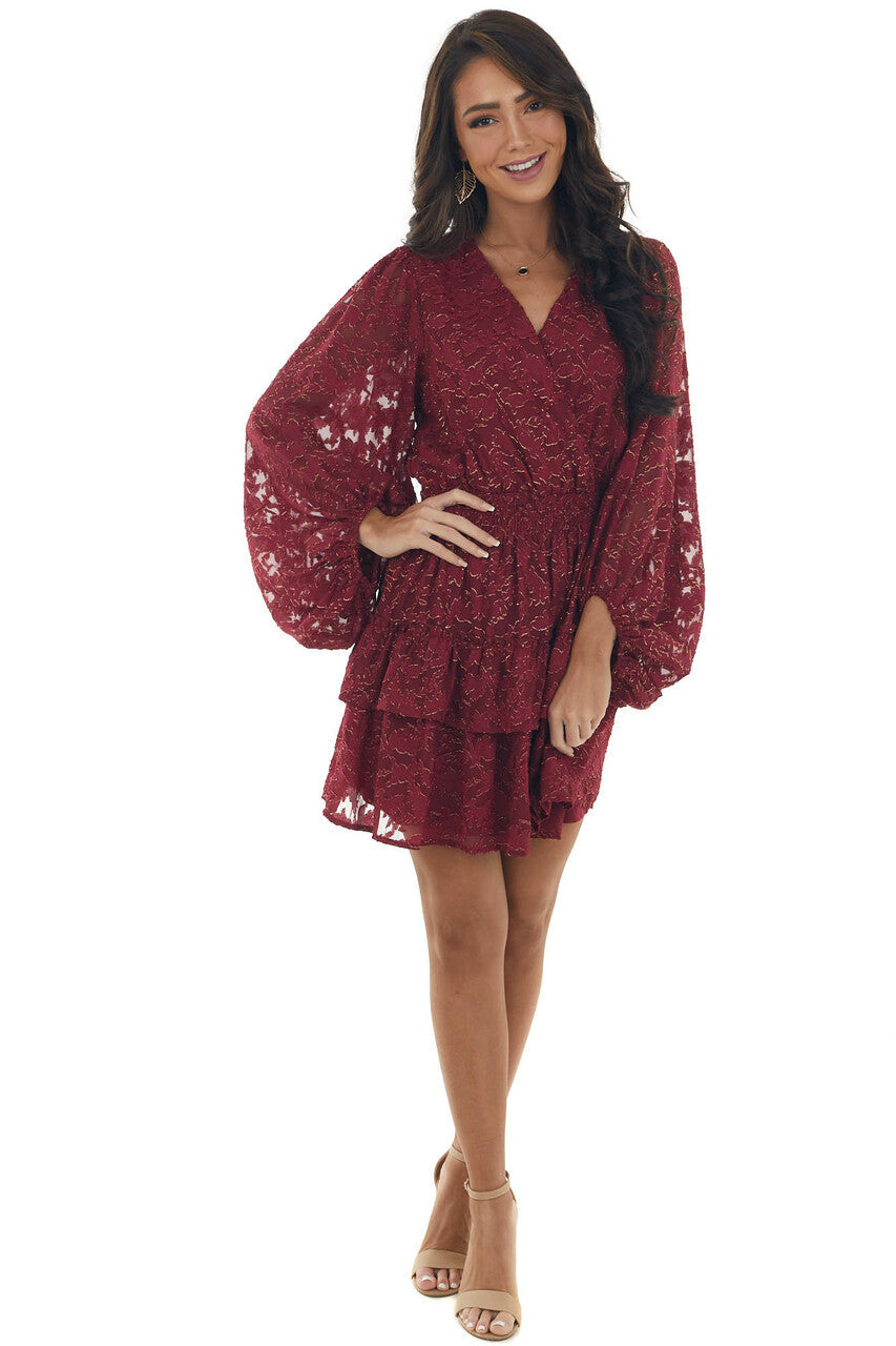 Wine and Gold Metallic Texture Surplice Dress