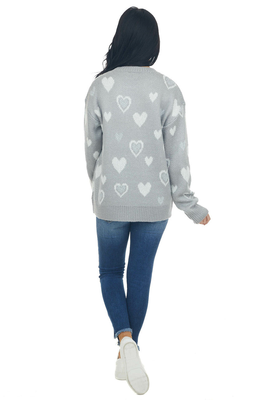 Dove Grey Heart Print Metallic Knit Sweater