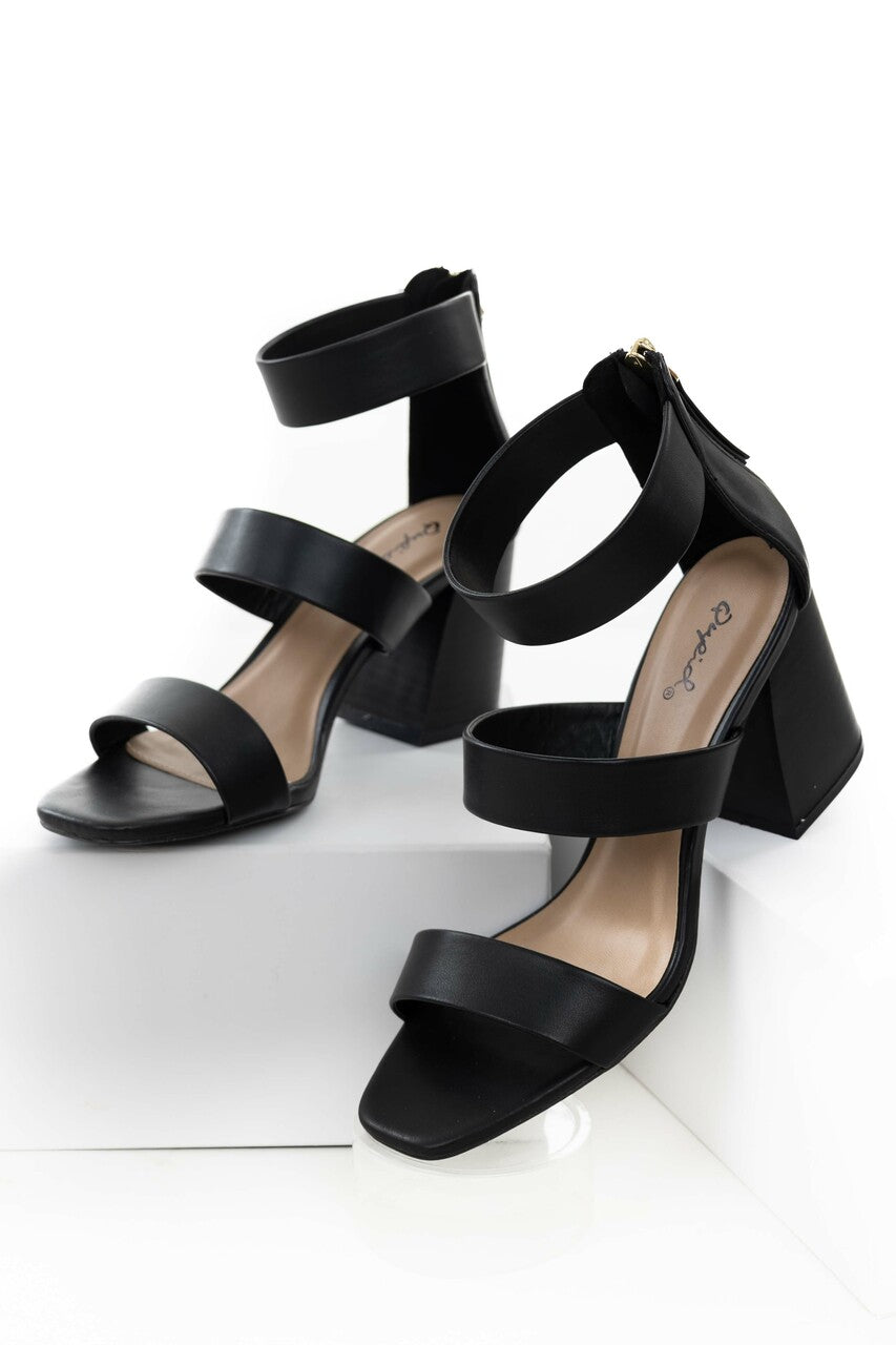 Black Faux Leather Strappy High Heel Sandals 