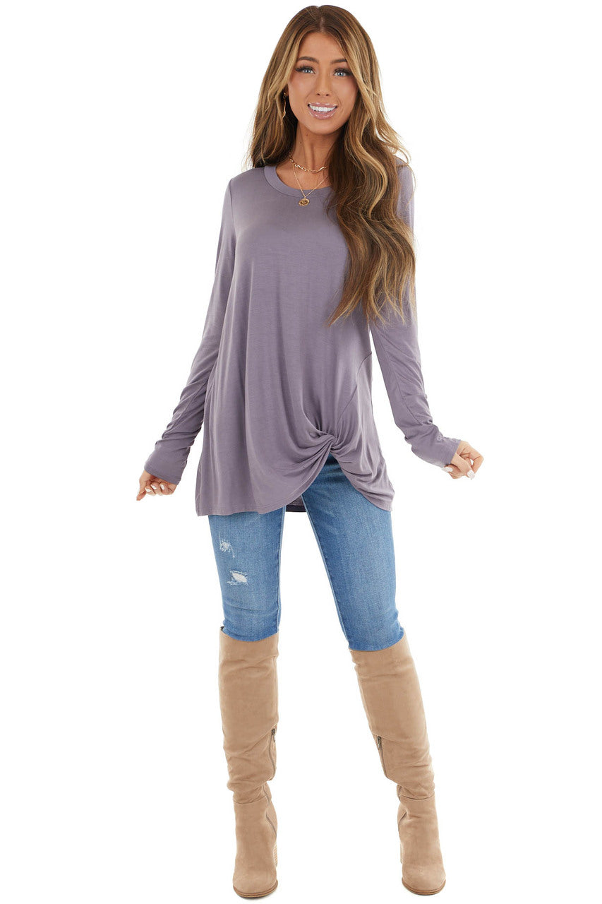 Lavender Knit Long Sleeve Top with Hem Twist Detail