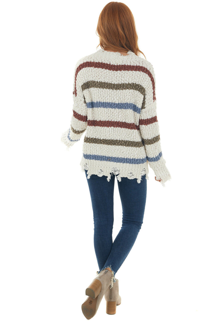 Cream Multicolor Striped Frayed Trim Sweater