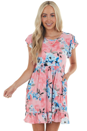 Watermelon Floral Short Dress with Pockets