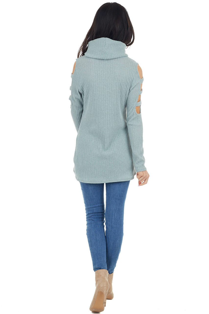 Sage Ribbed Knit Long Ladder Sleeve Cowl Neck Top