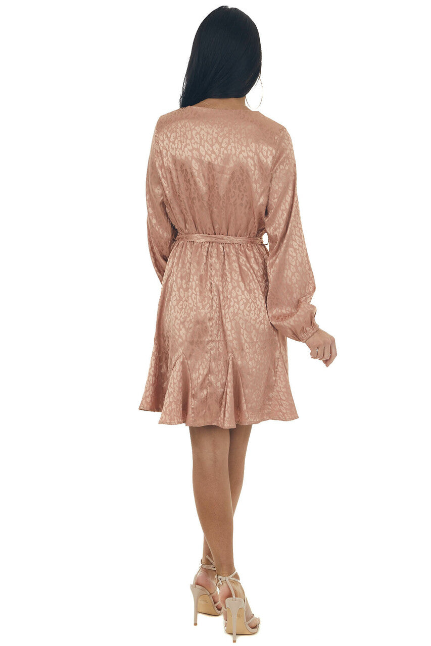 Apricot Leopard Surplice Flounce Hem Dress
