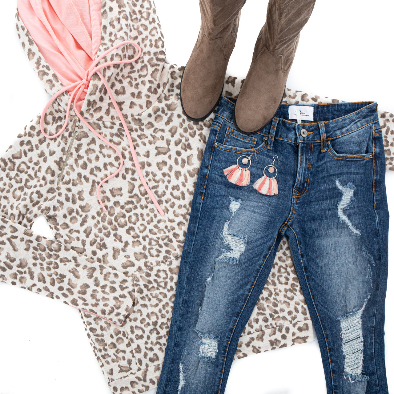 Ivory Leopard Hoodie with Pink Contrast and Side Zipper