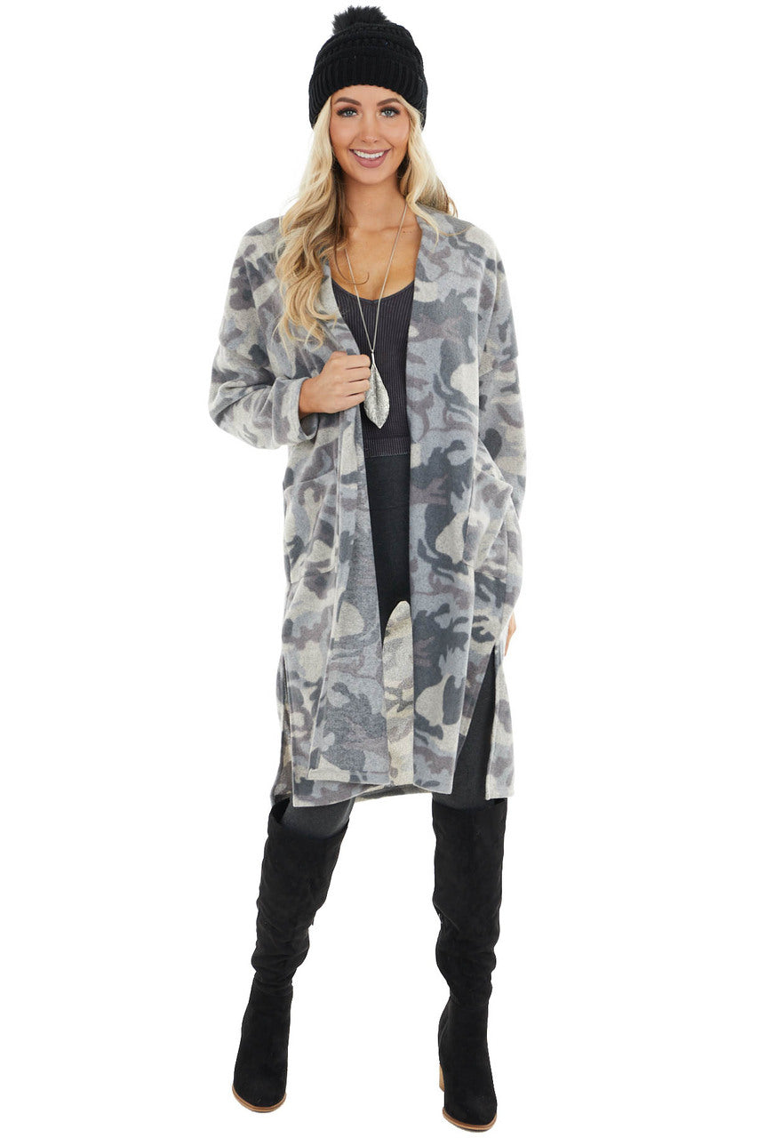 Powder Blue Camo Print Long Sleeve Cardigan with Pockets