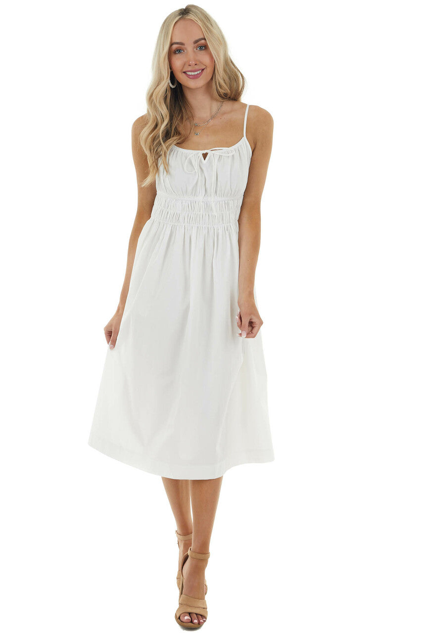 Off White Sleeveless Midi Dress with Smocked Waistline