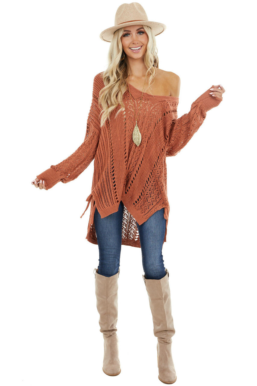 Light Tawny Crochet Knit Long Sleeve Top with Side Slits 