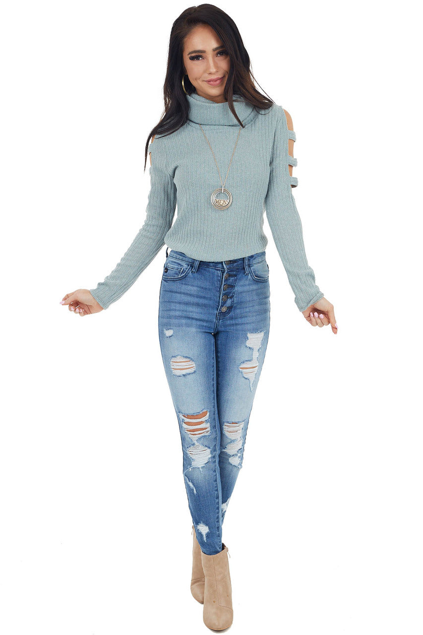 Sage Ribbed Knit Long Ladder Sleeve Cowl Neck Top