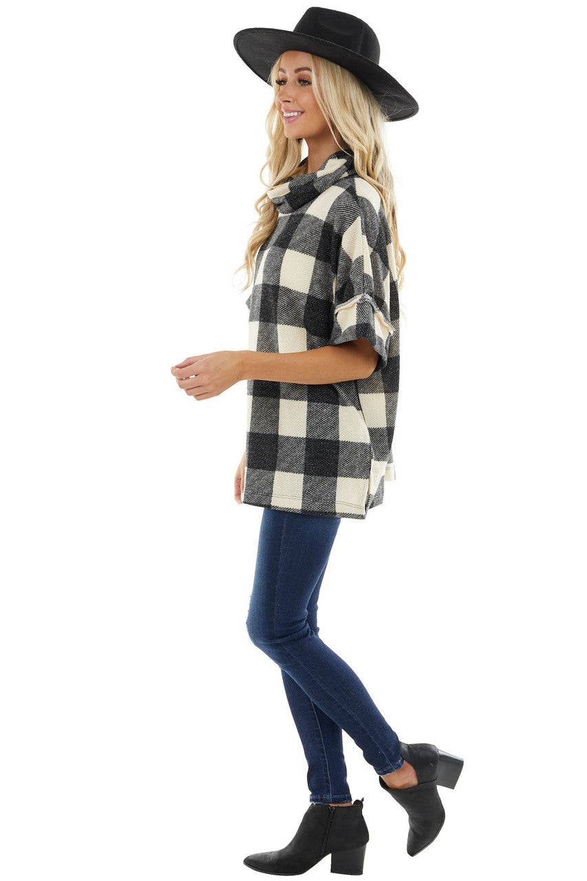 Charcoal and Cream Buffalo Plaid Oversize Top with Cowl Neck 
