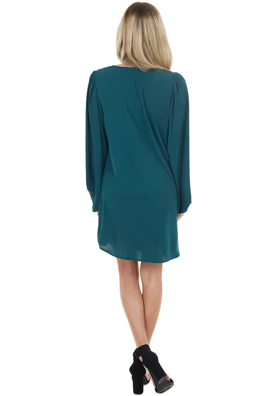 Dark Pine Long Bubble Sleeve V Neck Soft Woven Short Dress