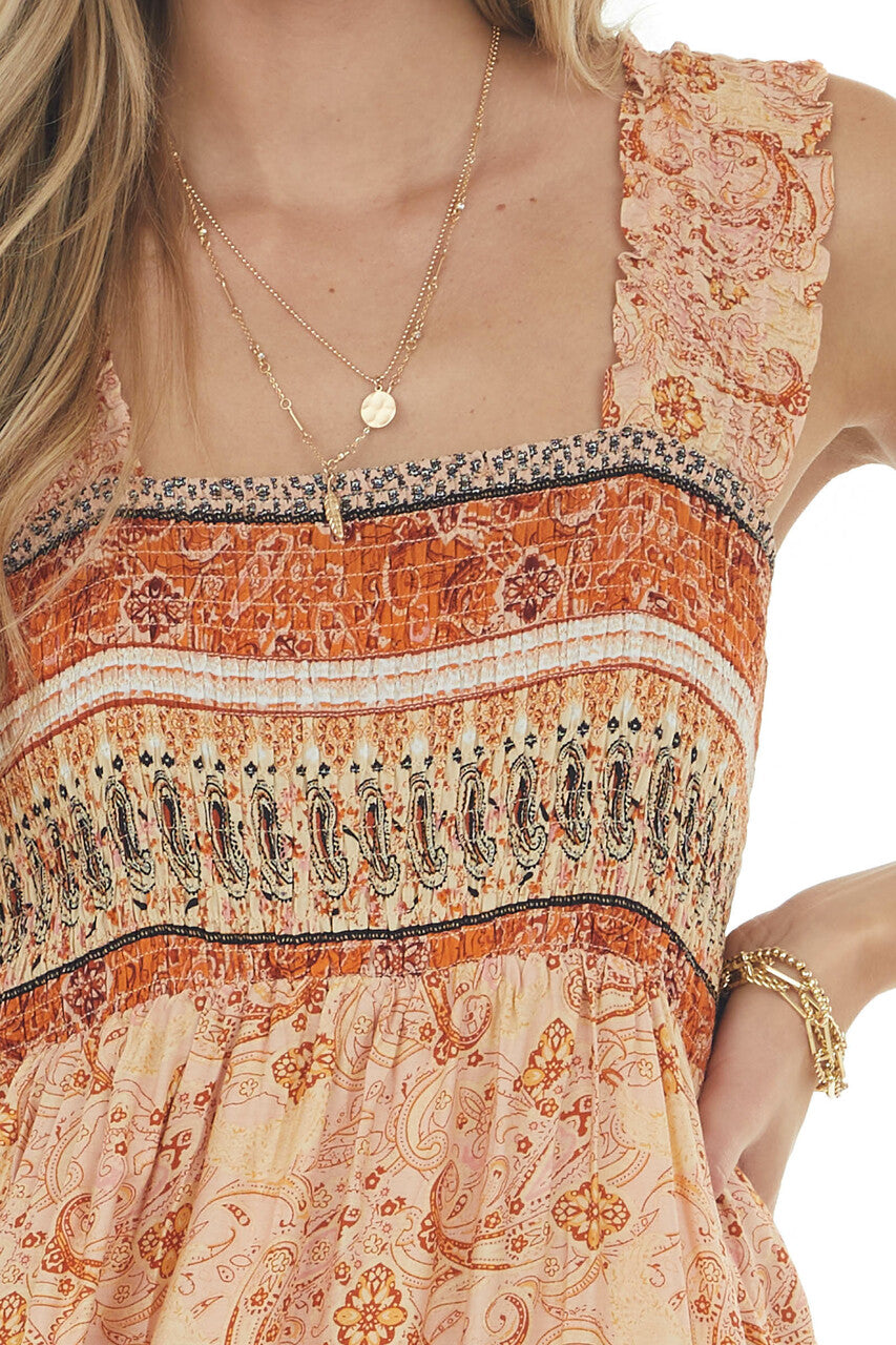 Peach Printed Sleeveless Smocked Maxi Dress