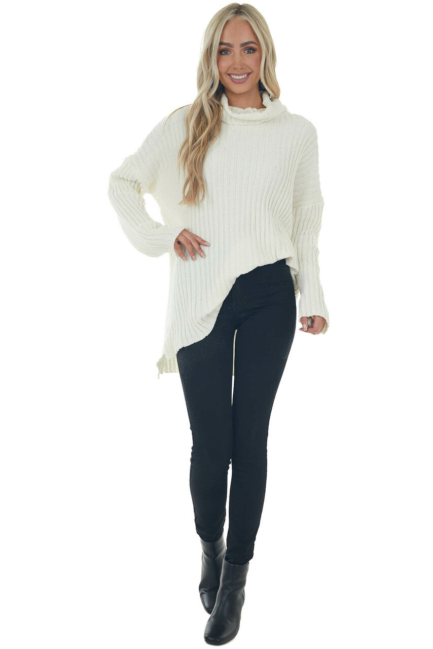 Cream Chenille Ribbed Cowl Neck Sweater