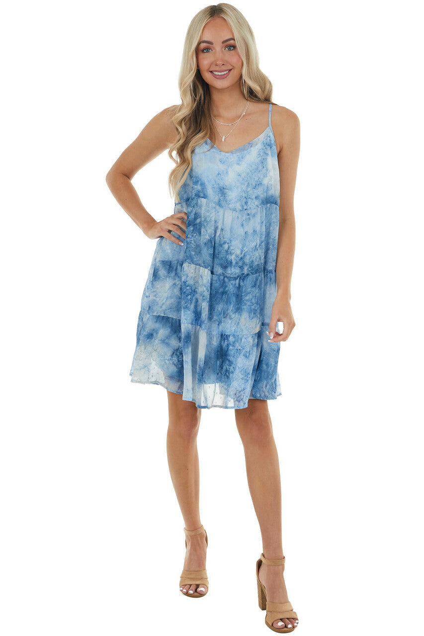 Blue Tie Dye Swiss Dot Short Dress with Straps