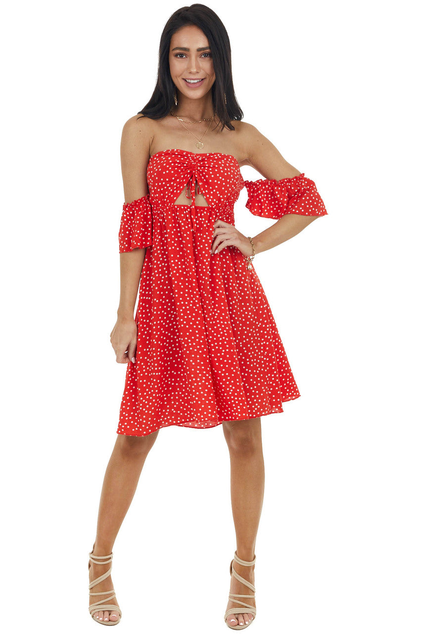 Lipstick Red Polka Dot Off the Shoulder Dress with Ruching