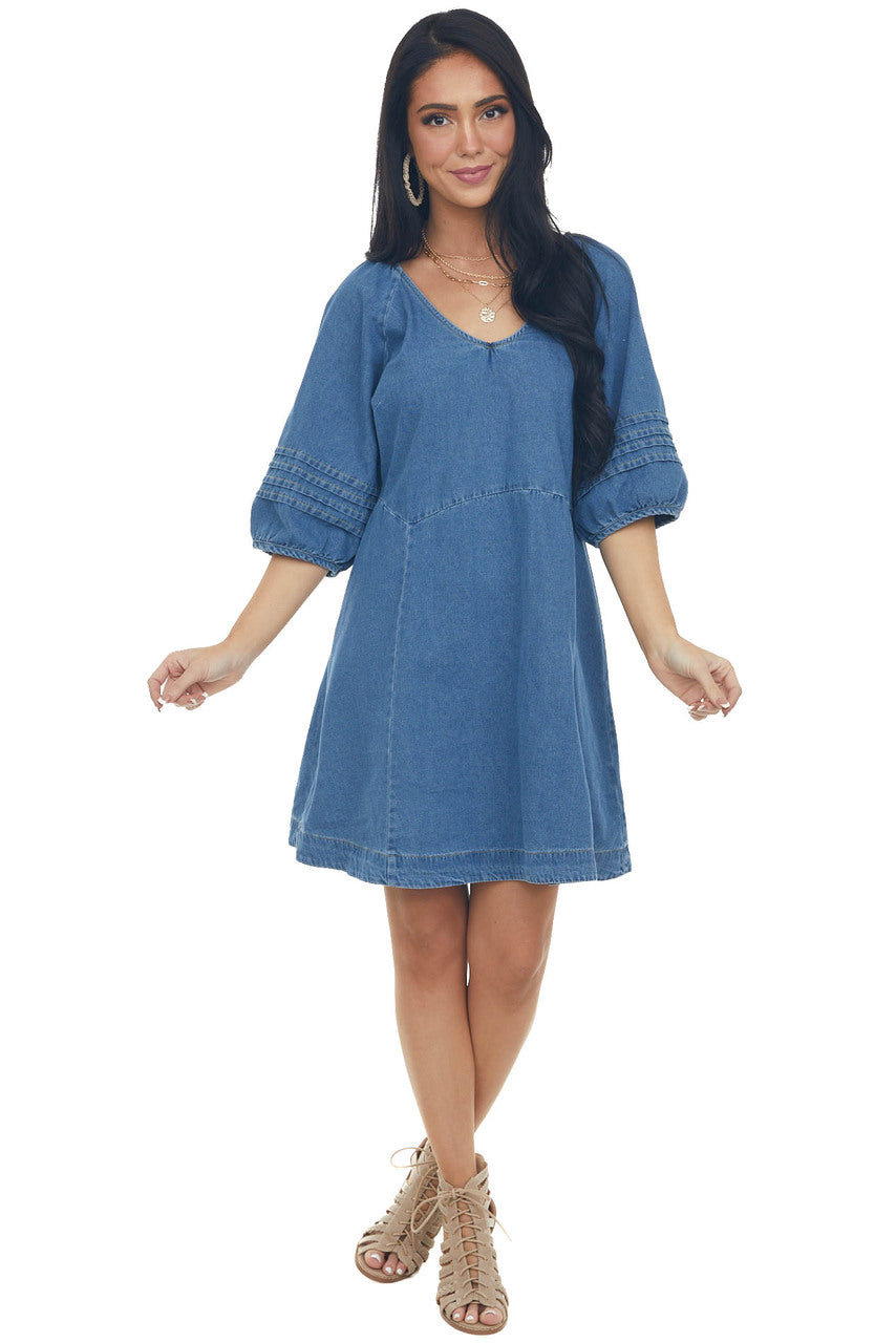 Dark Wash Pleated Puff Sleeve Denim Dress