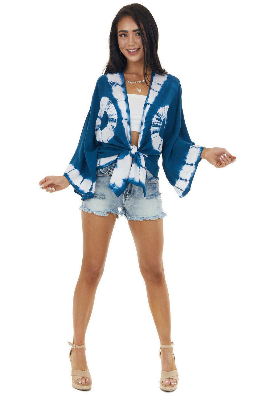 Sea Blue and Ivory Circle Tie Dye Woven Kimono 
