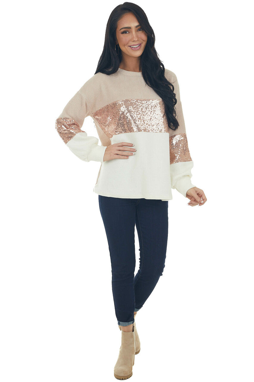 Apricot and Ivory Colorblock Sequined Top 