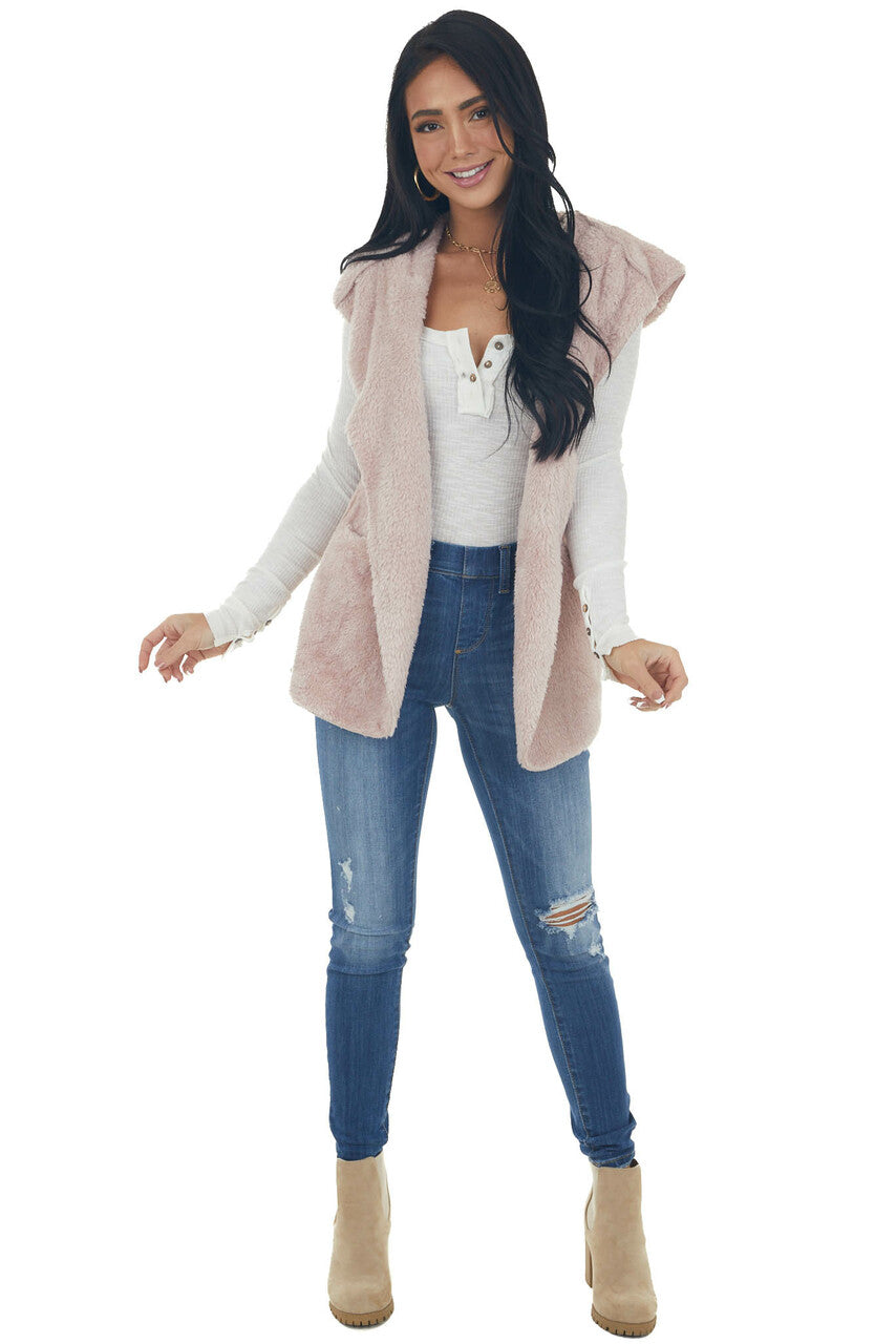 Blush Faux Fur Hooded Ribbed Contrast Vest 