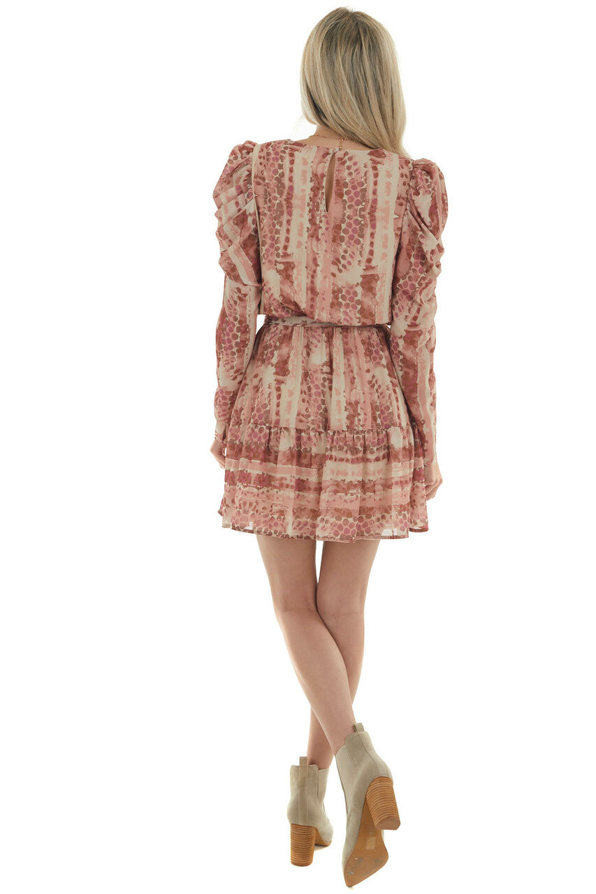 Salmon Printed Surplice Long Sleeve Mini Dress