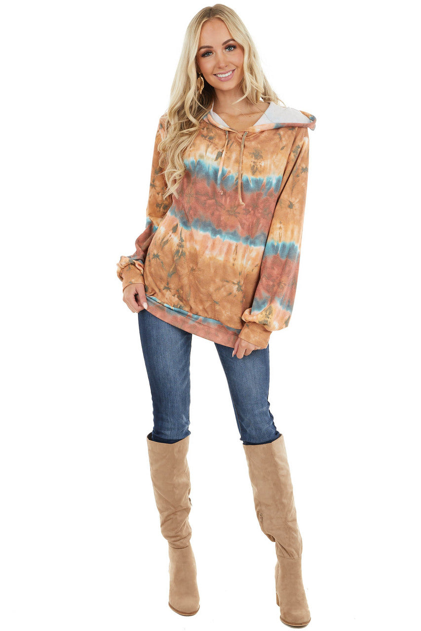 Camel and Rust Tie Dye Long Sleeve Lightweight Hoodie 