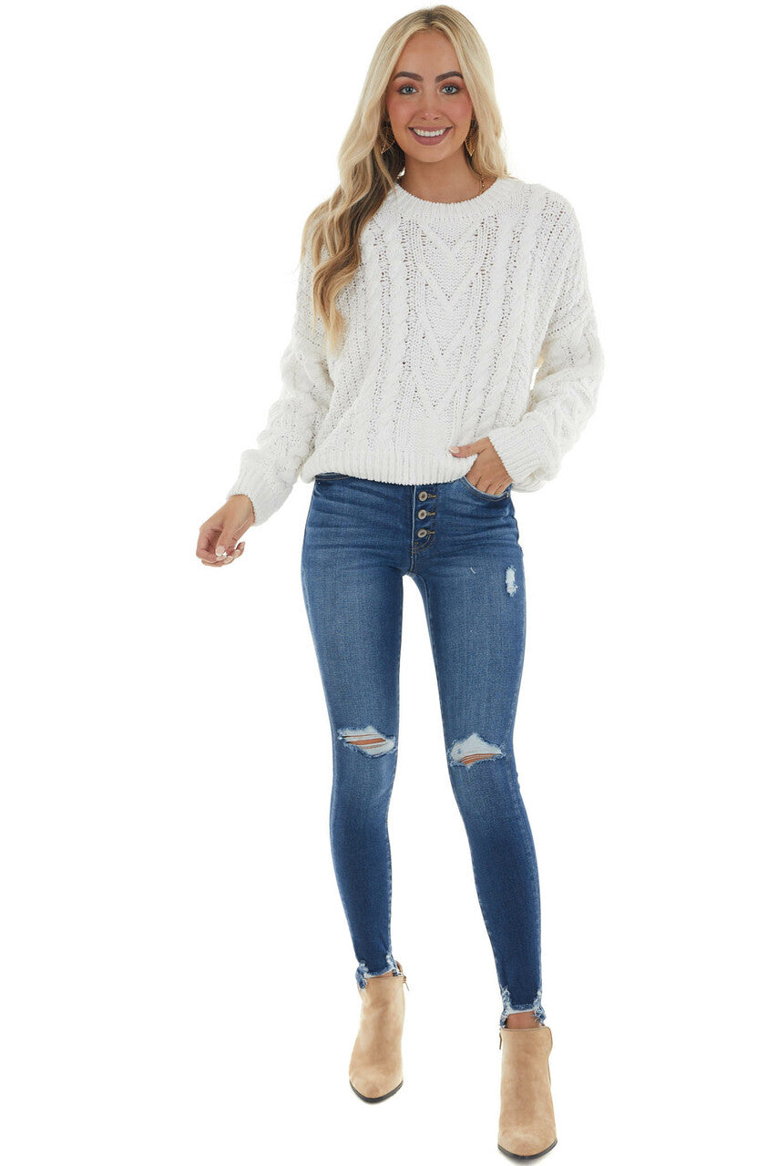 Vanilla Slight Crop Cable Knit Sweater 