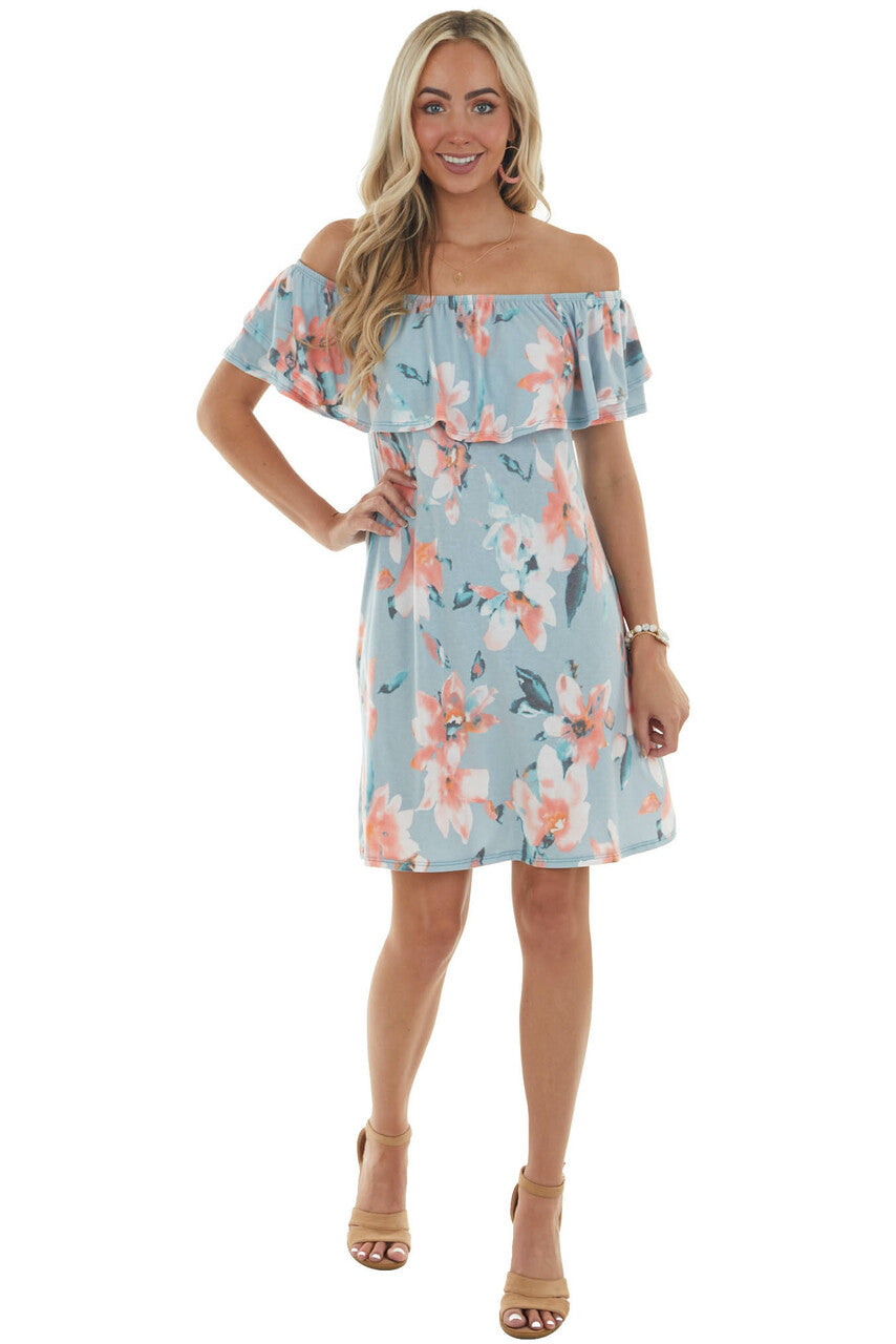 Sky Floral Off Shoulder Overlay Mini Dress