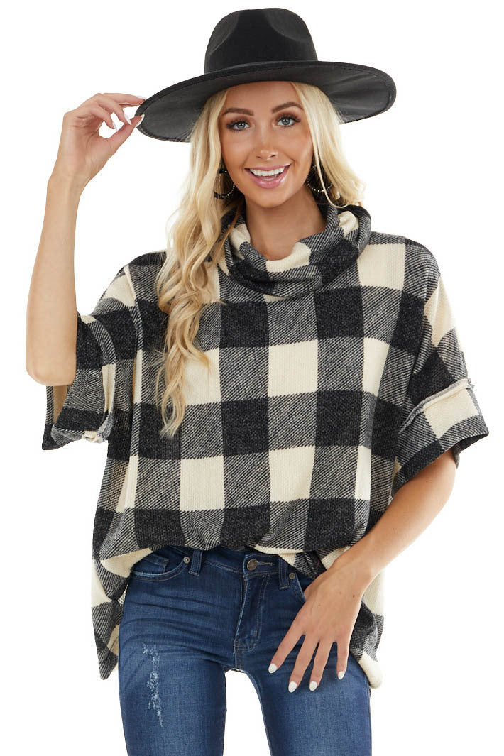 Charcoal and Cream Buffalo Plaid Oversize Top with Cowl Neck 