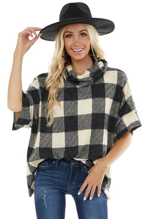 Charcoal and Cream Buffalo Plaid Oversize Top with Cowl Neck 