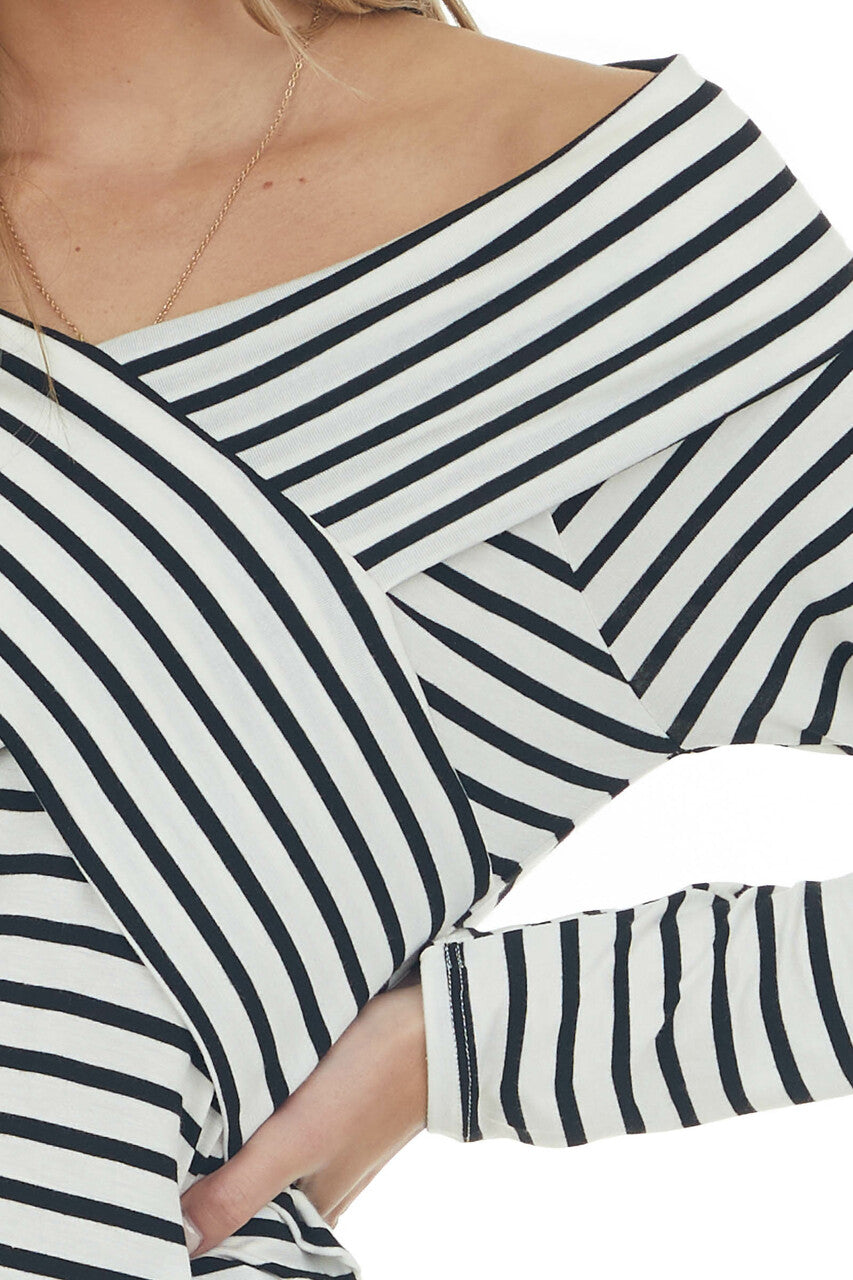 Black and Ivory Striped Crossed Front Knit Top