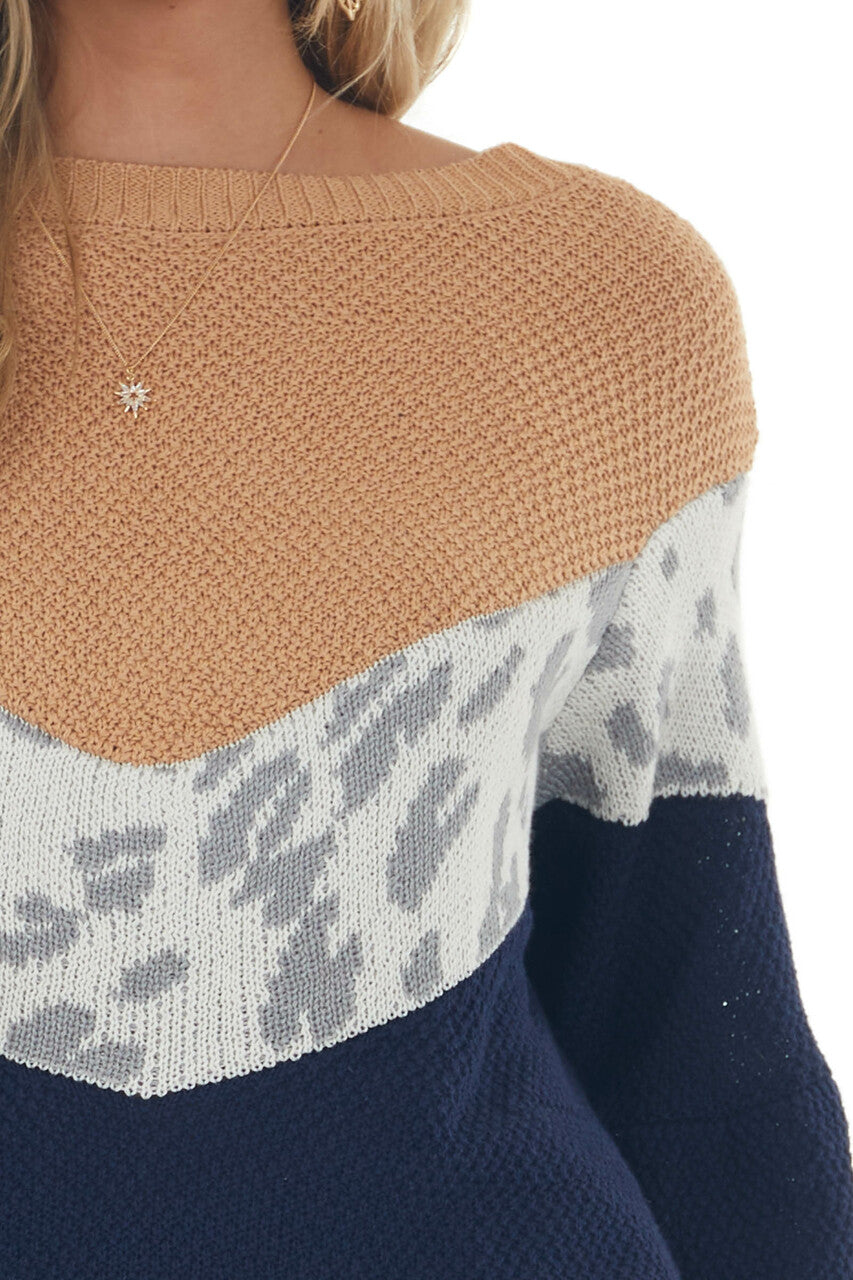 Chevron Leopard Colorblock Long Sleeve Sweater