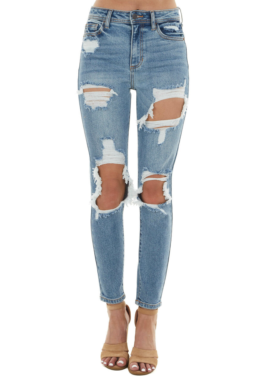Medium Wash Heavy Distressed Skinny Jeans