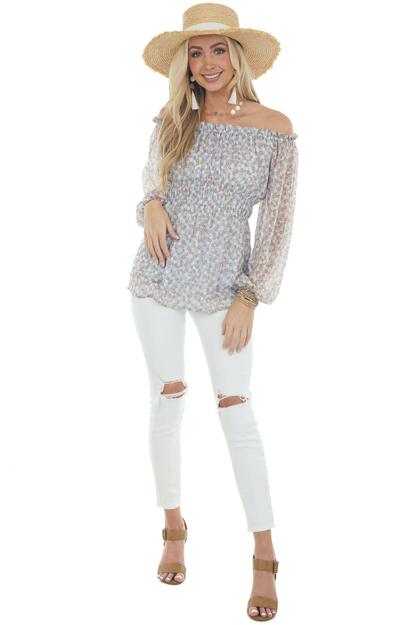 Powder Blue Ditsy Floral Off Shoulder Blouse