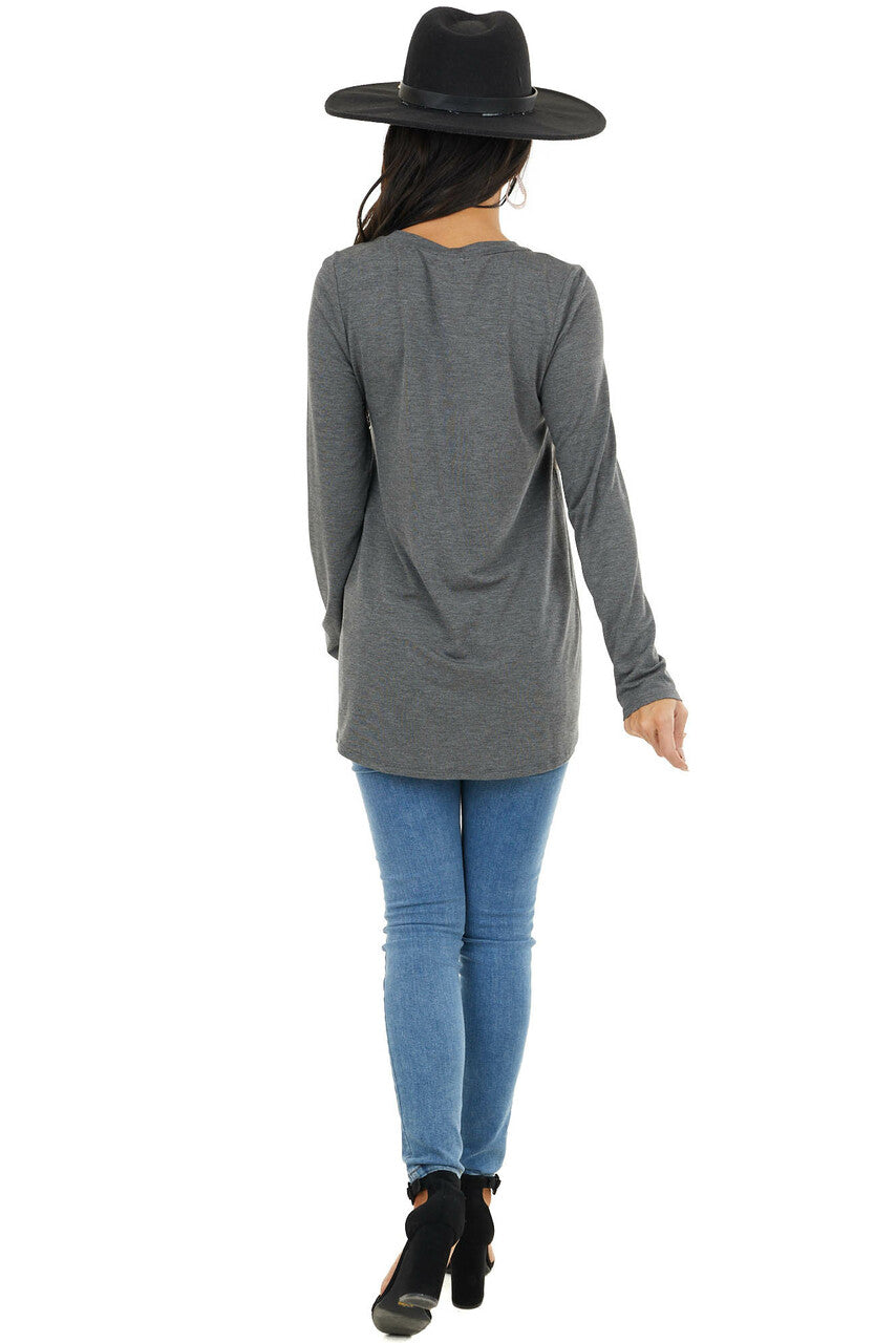 Charcoal Long Sleeve Top with Sequin and Camo Details 