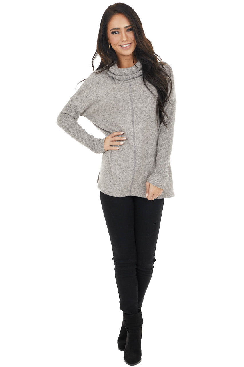 Vintage Taupe Cowl Neck Long Sleeve Top with Ribbed Detail