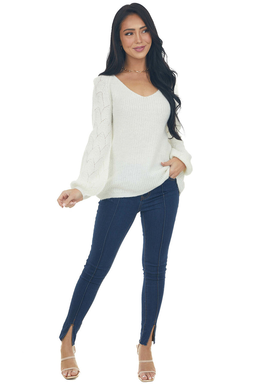 Ivory Bishop Sleeve Fuzzy Pointelle Sweater