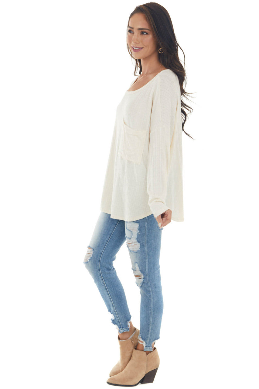 Champagne Textured Knit Top with Chest Pocket